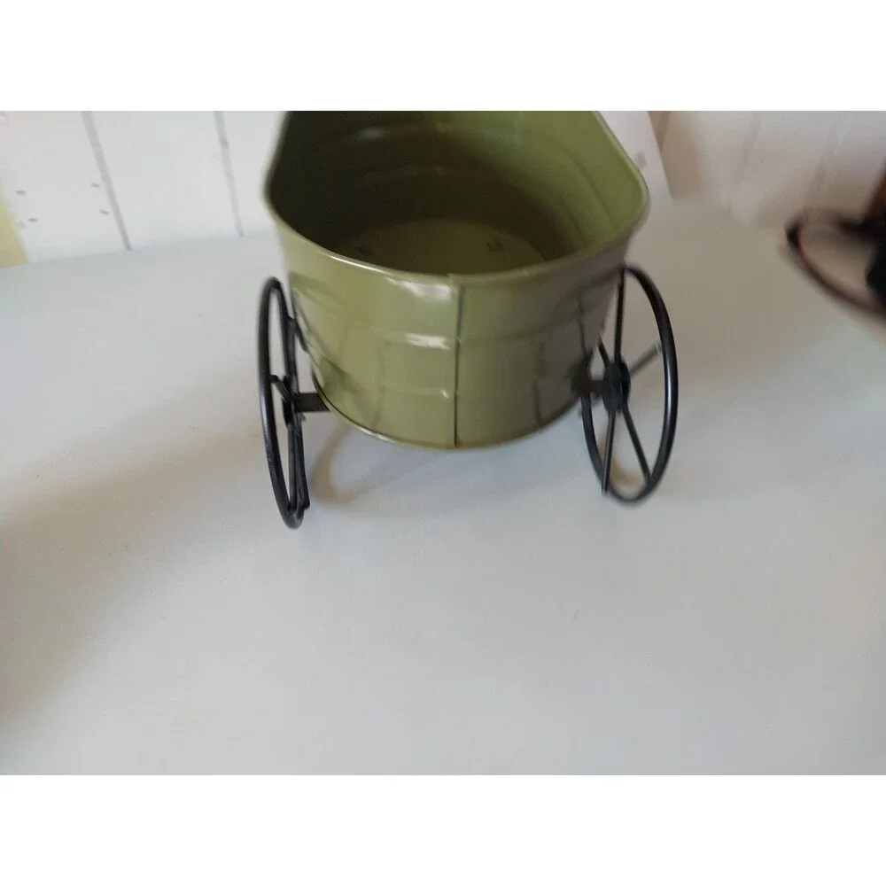Olive Green Metal Wagon Planter w/ Rustic Black Wrought Iron Wheels Tabletop